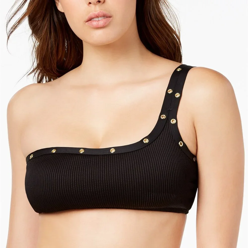 Bar III Black One-Shoulder Ribbed Bikini Top with Gold Studs